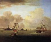 Monamy, Peter British men-o-war and a merchantman off Elizabeth Castle,Jersey oil painting artist